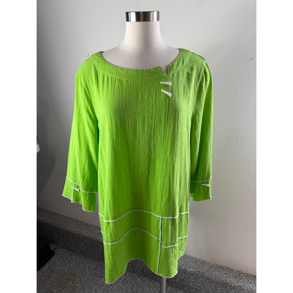 Ali Miles Womens XL Lime Green Textured Tunic Top 3/4 Sleeve Toggle Accents